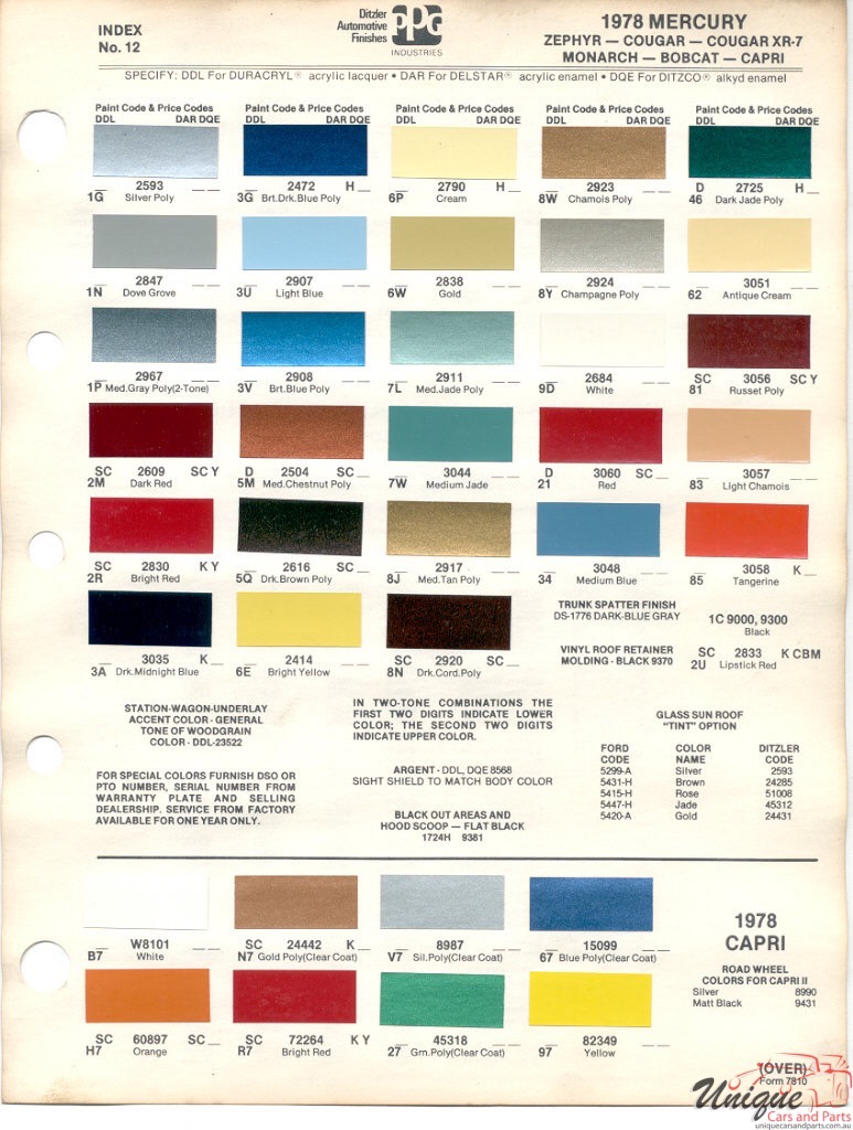 1978 Mercury Paint Charts Ford Paint Charts Capri PPG 1